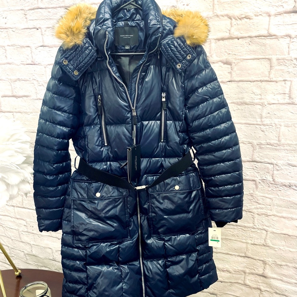 NWT, Andrew Marc Belted Puffer w/ REAL fur, Navy, Size L